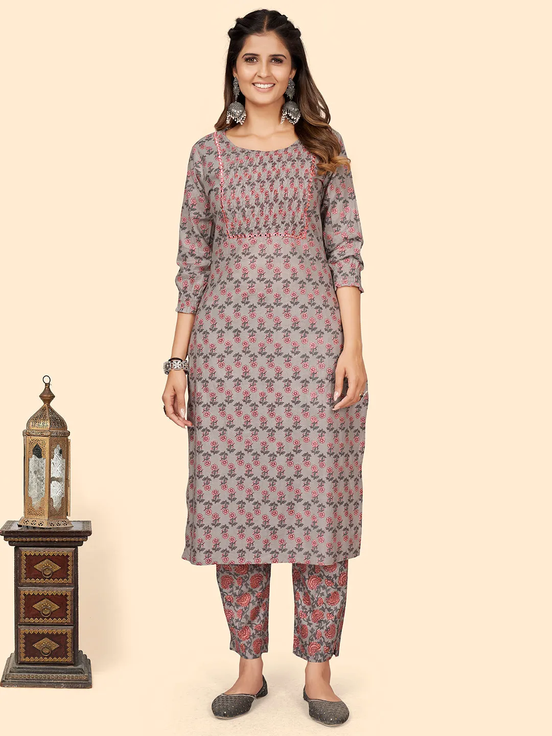 Women'S Print & Mirror Work Straight Cotton Grey Stitched Kurta