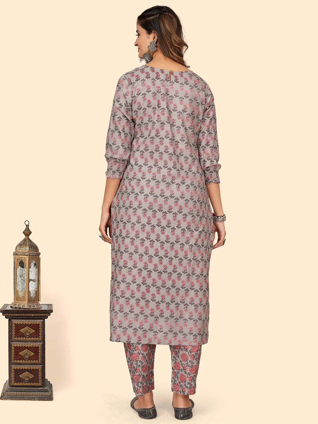 Women'S Print & Mirror Work Straight Cotton Grey Stitched Kurta