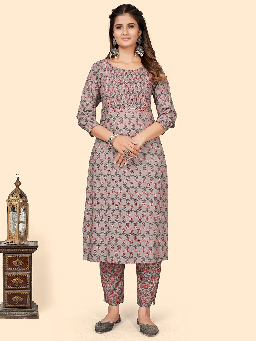 Women'S Print & Mirror Work Straight Cotton Grey Stitched Kurta