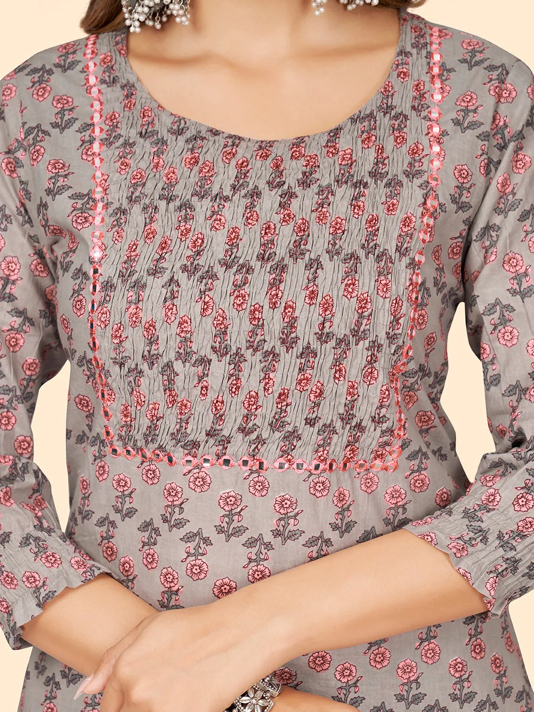 Women'S Print & Mirror Work Straight Cotton Grey Stitched Kurta