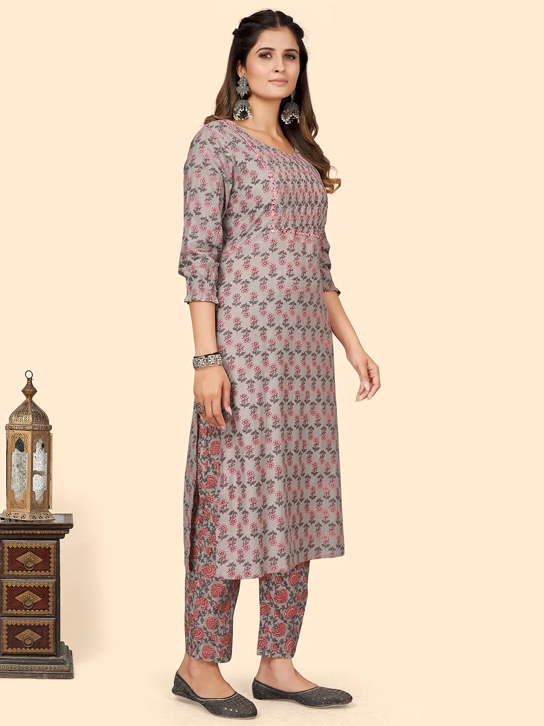 Women'S Print & Mirror Work Straight Cotton Grey Stitched Kurta