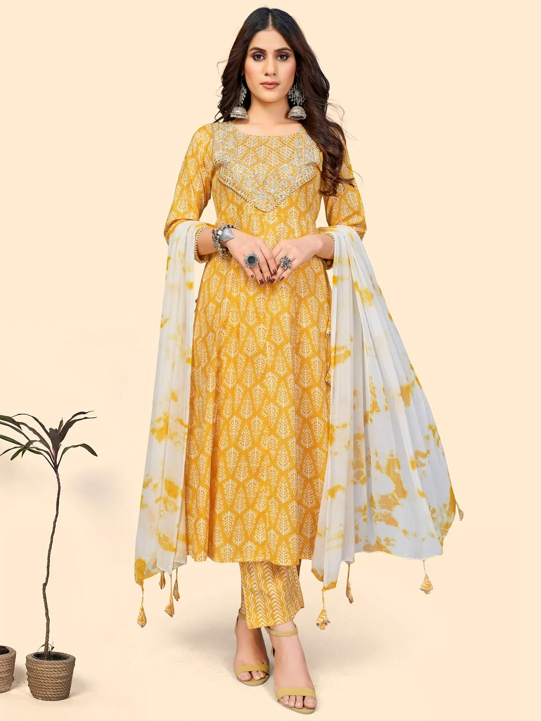 Women'S Print & Sequience A-Line Cotton Yellow Stitched Kurta Pant With Dupatta