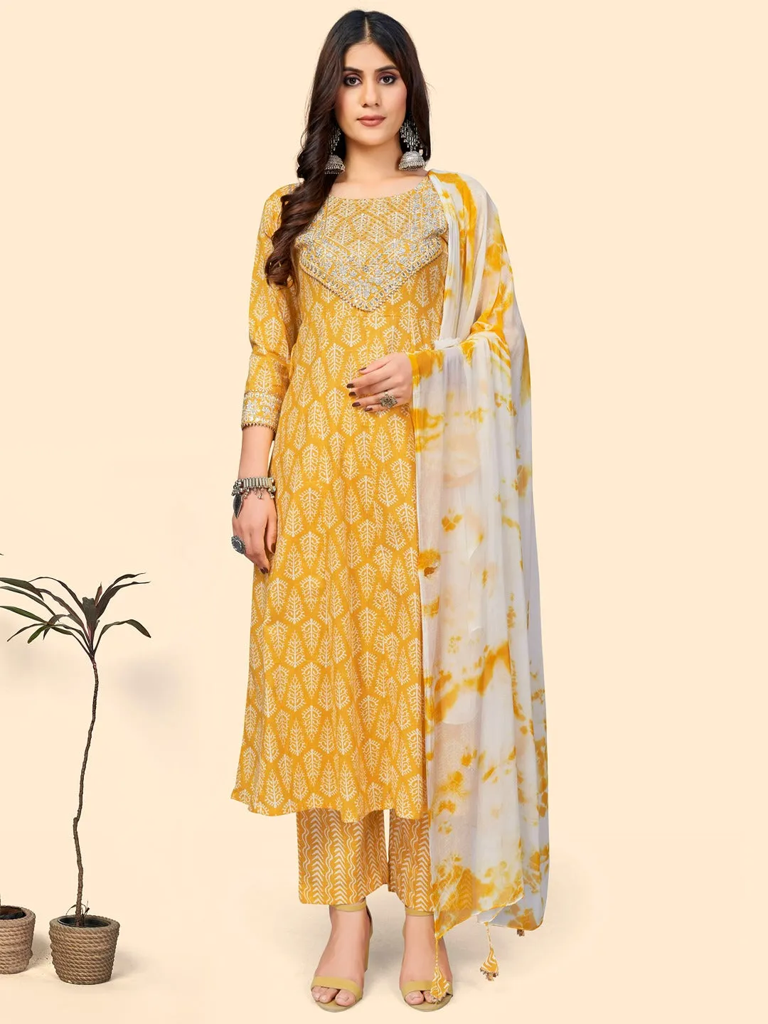 Women'S Print & Sequience A-Line Cotton Yellow Stitched Kurta Pant With Dupatta