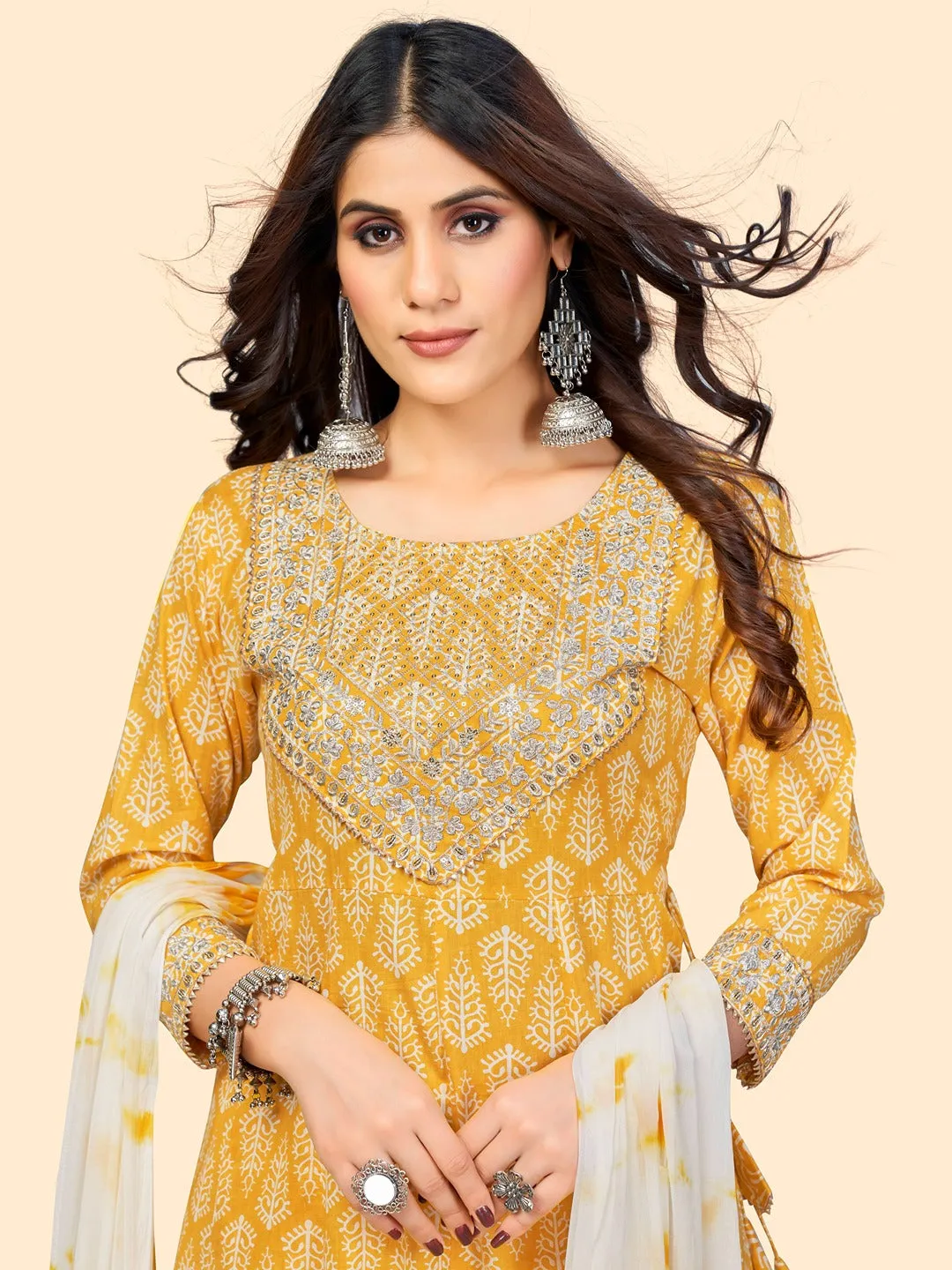 Women'S Print & Sequience A-Line Cotton Yellow Stitched Kurta Pant With Dupatta