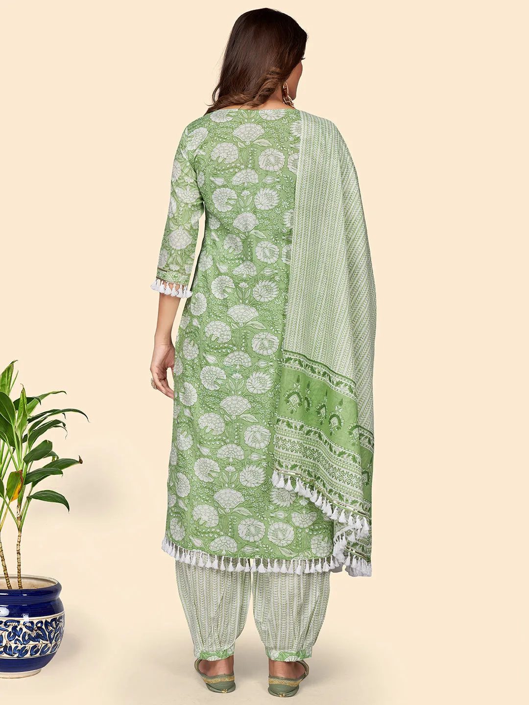 Women'S Print & Sequience Straight Cotton Green Stitched Kurta Pant With Dupatta