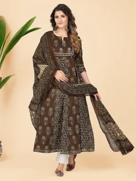 Women'S Printed & Embroidered Anarkali Cotton Brown Stitched Kurta With Dupatta