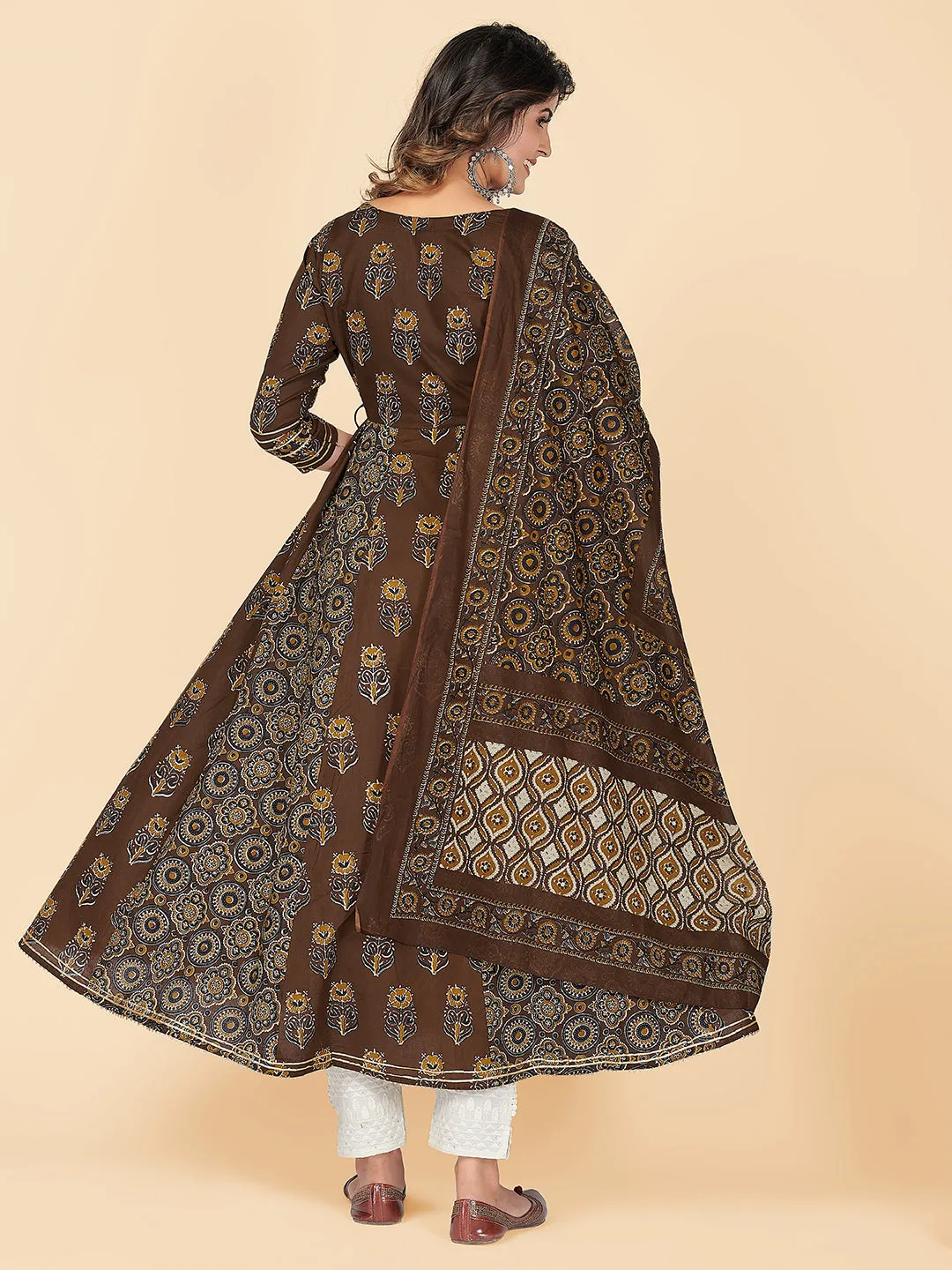 Women'S Printed & Embroidered Anarkali Cotton Brown Stitched Kurta With Dupatta