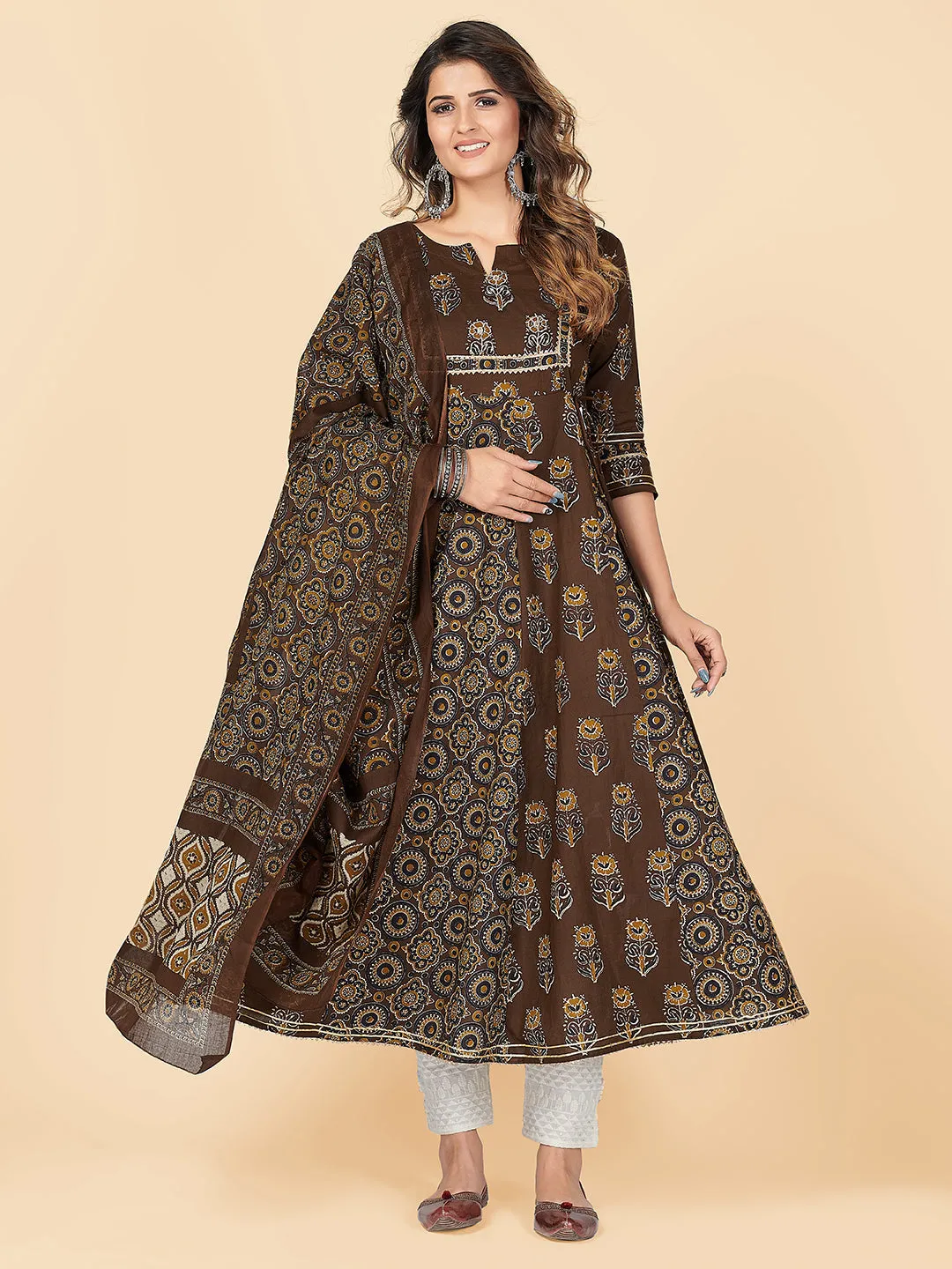 Women'S Printed & Embroidered Anarkali Cotton Brown Stitched Kurta With Dupatta