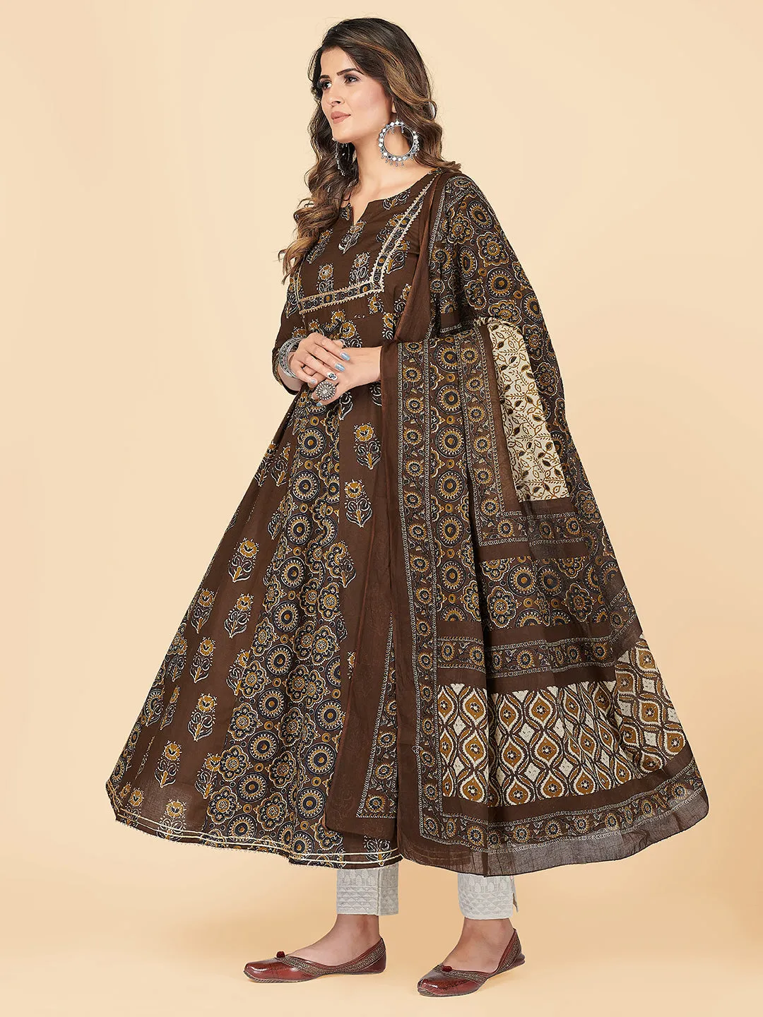 Women'S Printed & Embroidered Anarkali Cotton Brown Stitched Kurta With Dupatta