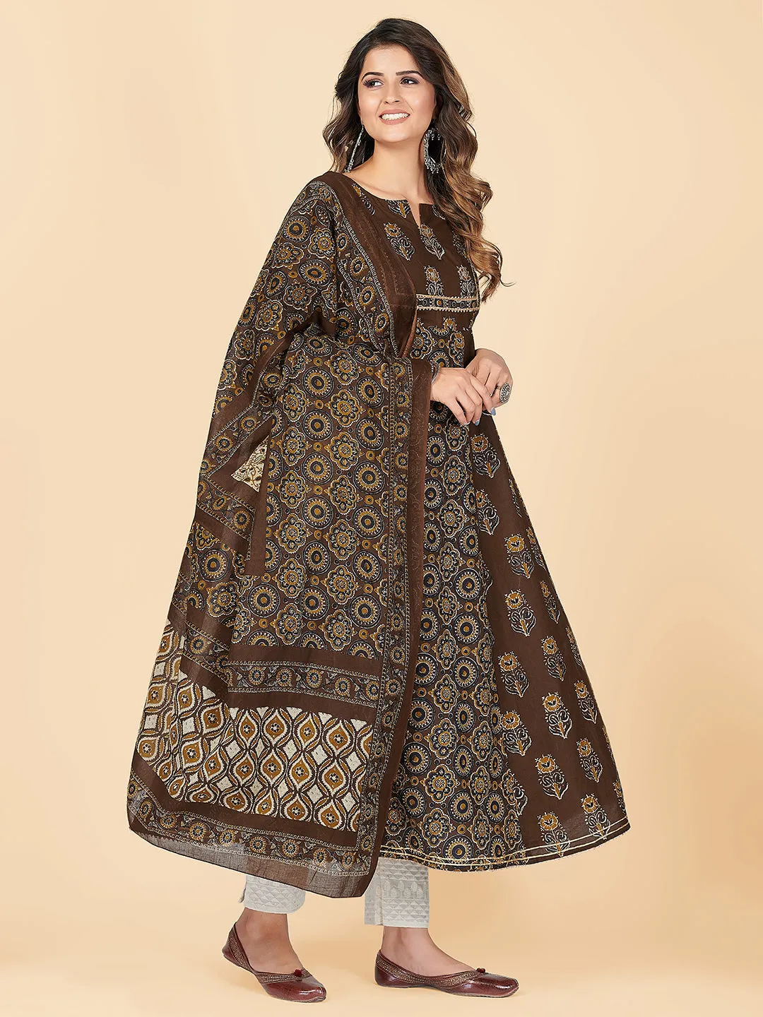 Women'S Printed & Embroidered Anarkali Cotton Brown Stitched Kurta With Dupatta