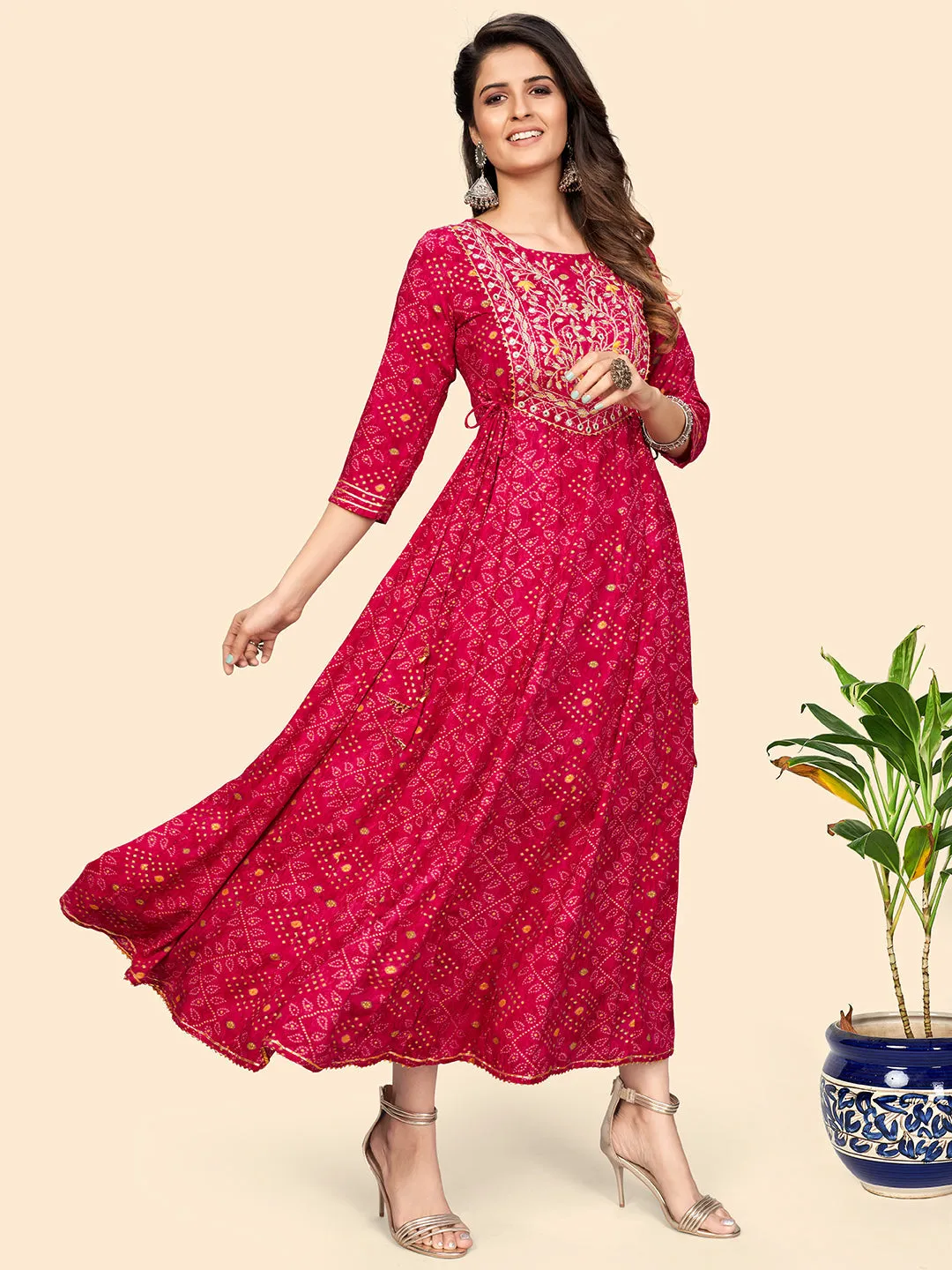 Women'S Printed & Embroidered Anarkali Rayon Pink Stitched Kurta