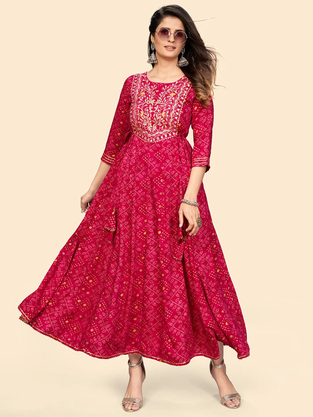 Women'S Printed & Embroidered Anarkali Rayon Pink Stitched Kurta