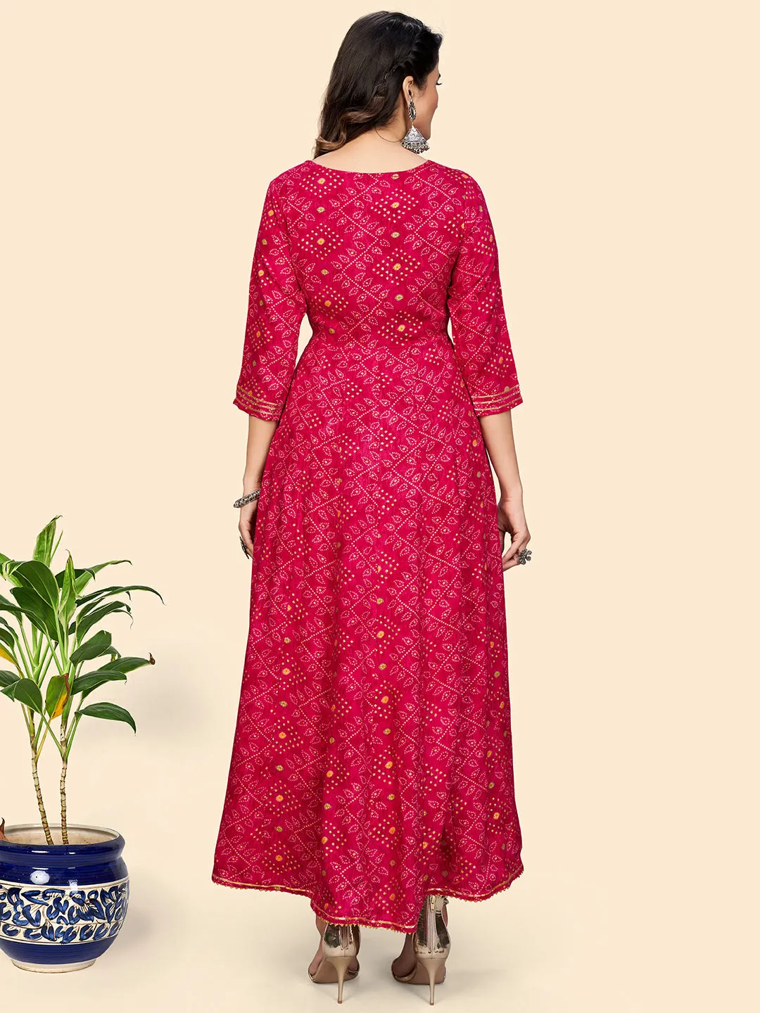 Women'S Printed & Embroidered Anarkali Rayon Pink Stitched Kurta