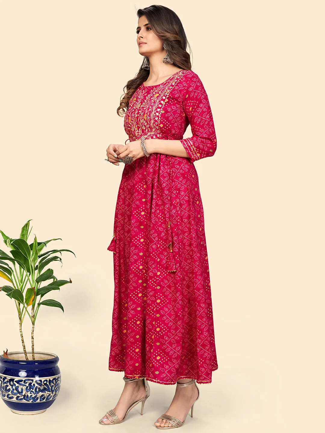 Women'S Printed & Embroidered Anarkali Rayon Pink Stitched Kurta