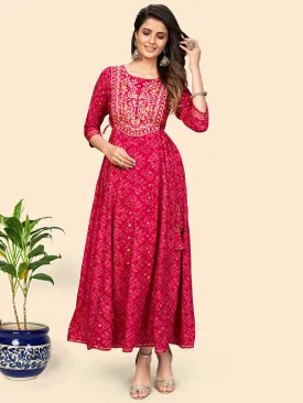 Women'S Printed & Embroidered Anarkali Rayon Pink Stitched Kurta