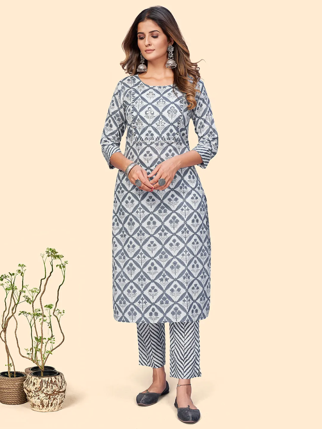 Women'S Printed & Embroidered Straight Cotton Navy Blue Stitched Kurta