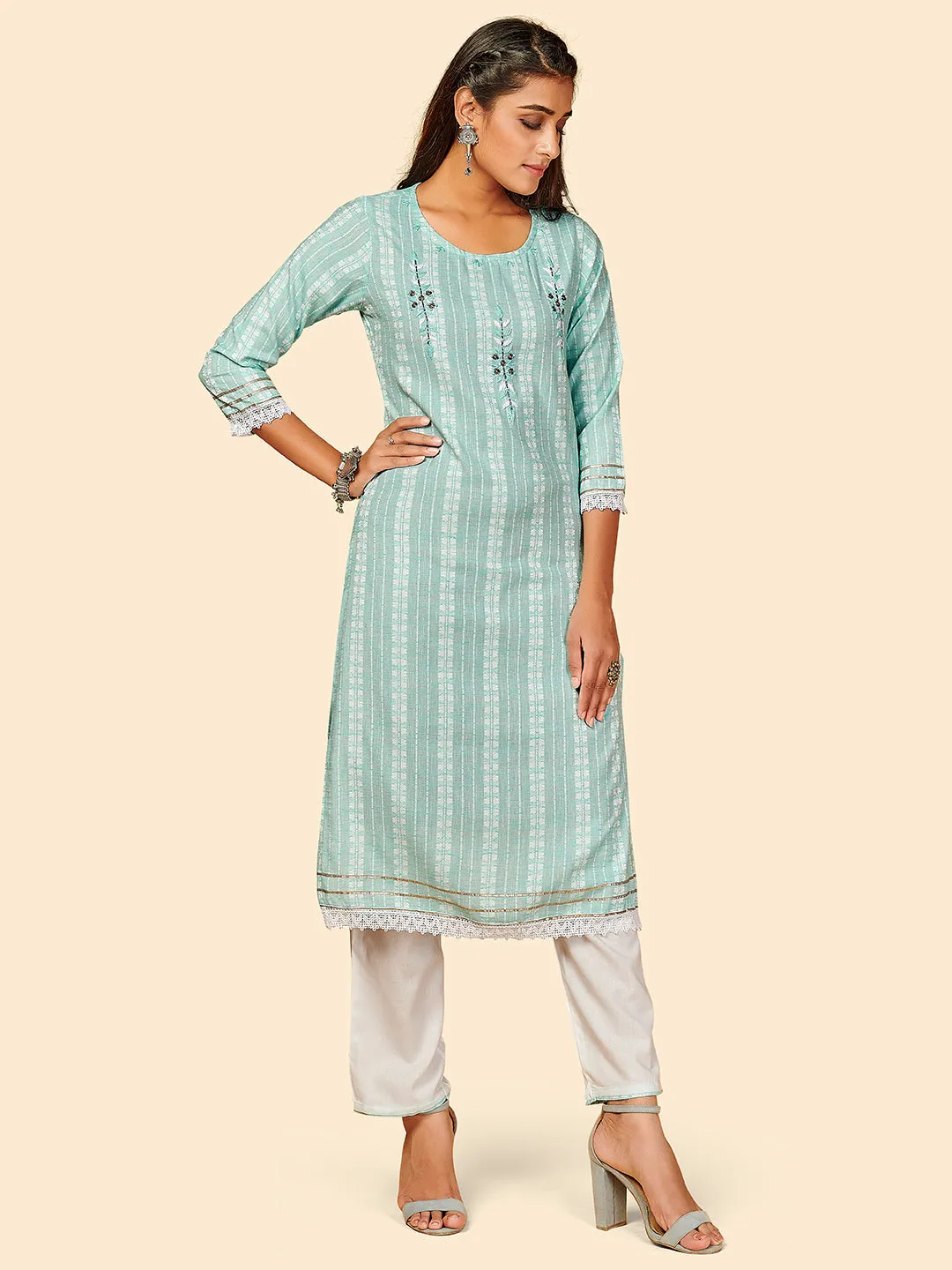 Women'S Printed & Hand Work Straight Yarn Dyed Sky Blue Stitched Kurta Pant With Dupatta