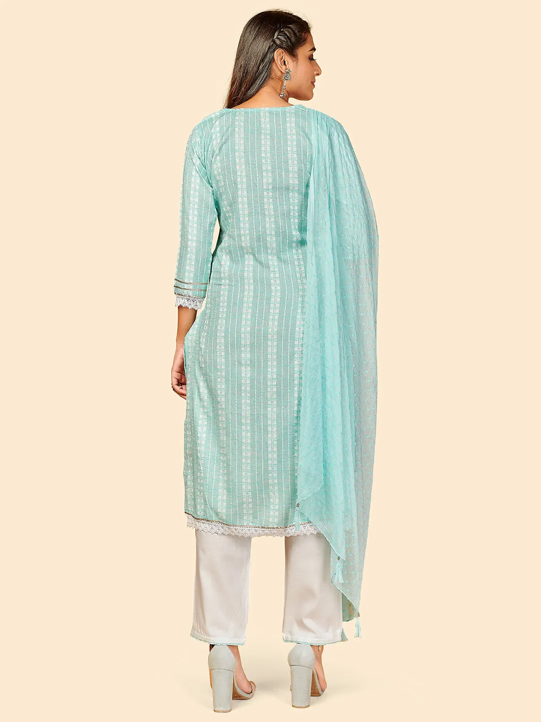 Women'S Printed & Hand Work Straight Yarn Dyed Sky Blue Stitched Kurta Pant With Dupatta