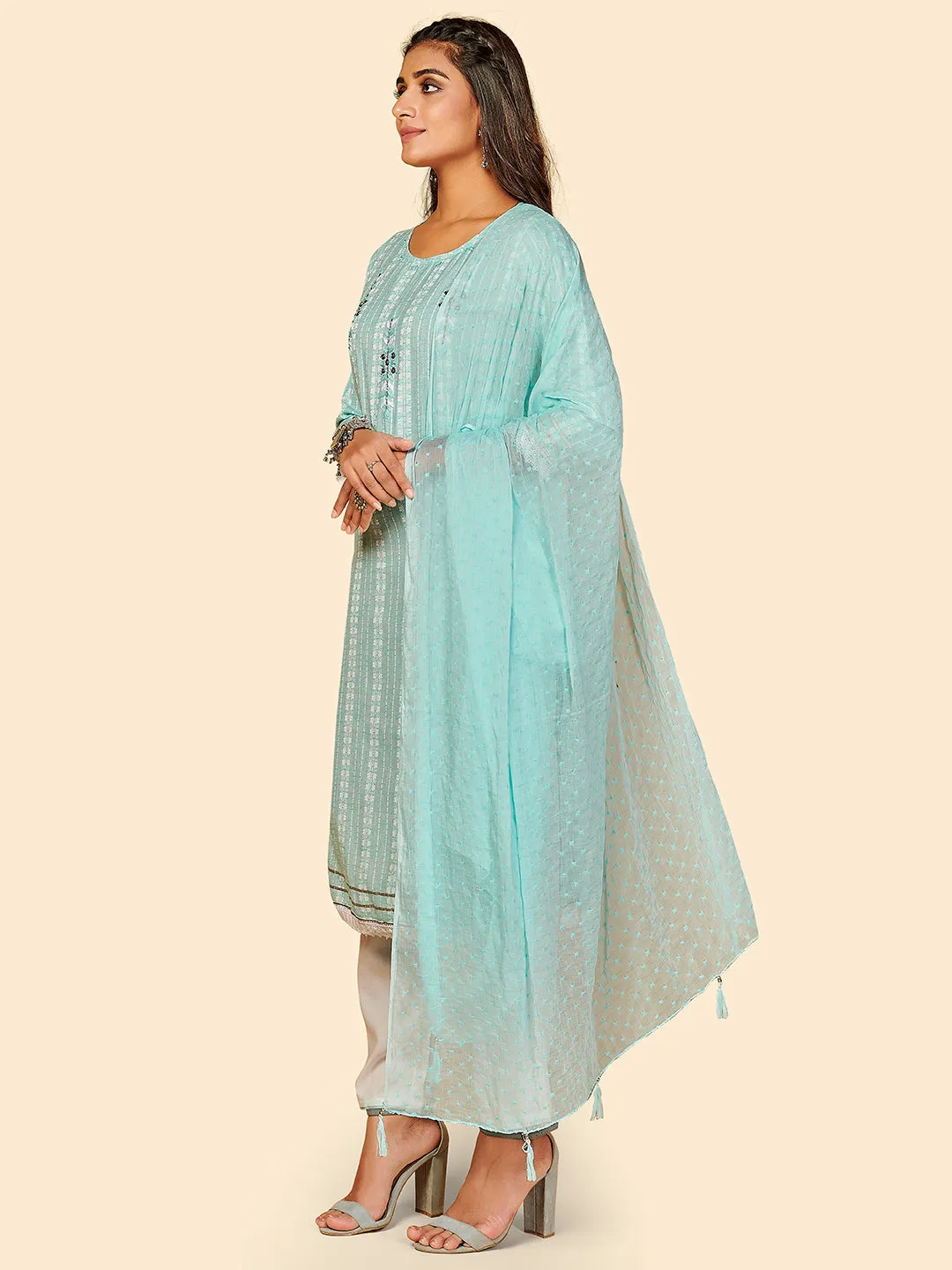 Women'S Printed & Hand Work Straight Yarn Dyed Sky Blue Stitched Kurta Pant With Dupatta