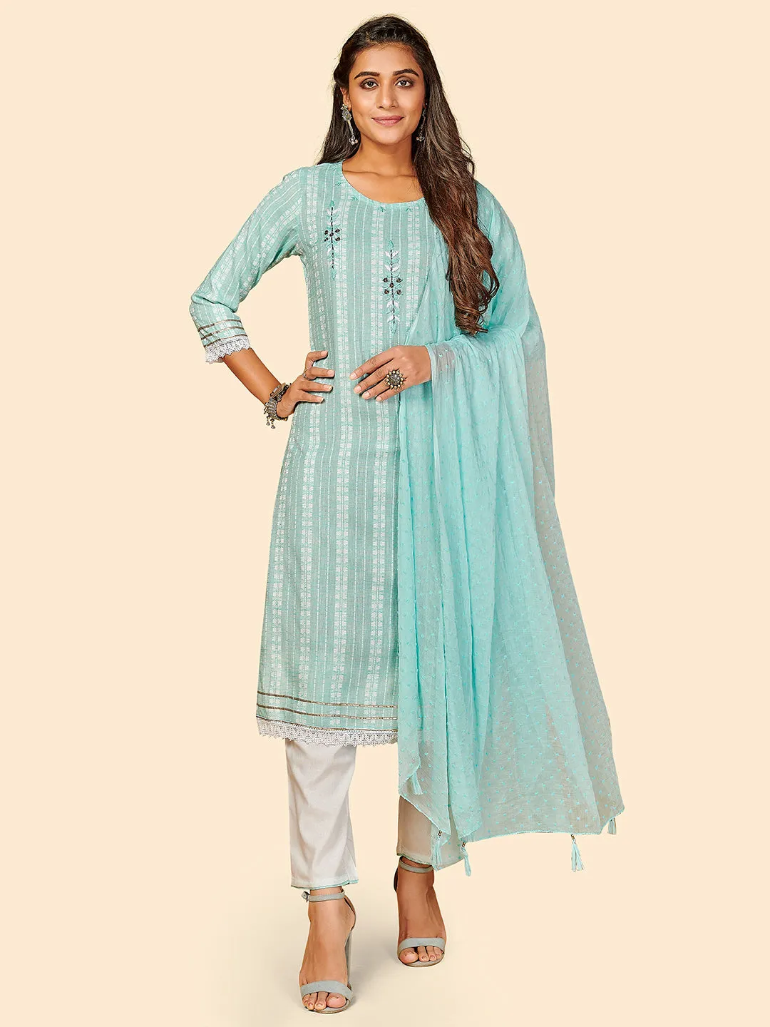 Women'S Printed & Hand Work Straight Yarn Dyed Sky Blue Stitched Kurta Pant With Dupatta