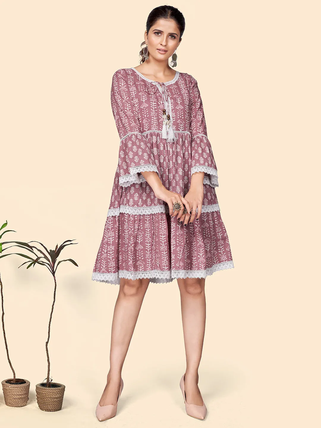 Women'S Printed Flared Cotton Pink Stitched Dress