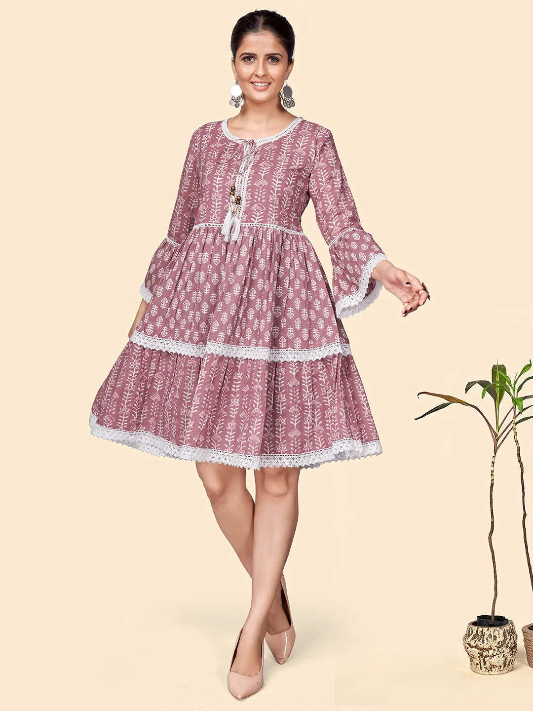 Women'S Printed Flared Cotton Pink Stitched Dress