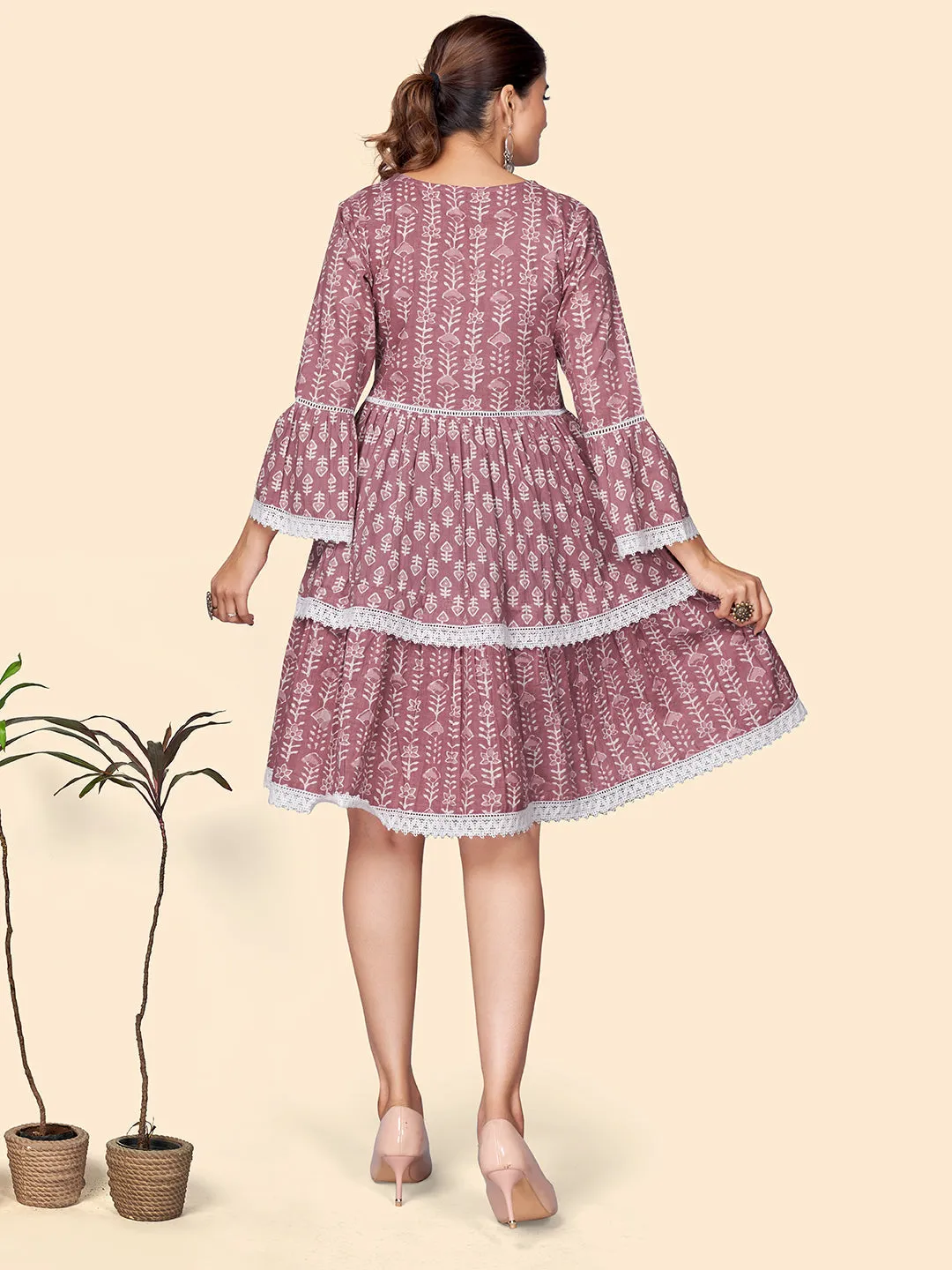 Women'S Printed Flared Cotton Pink Stitched Dress