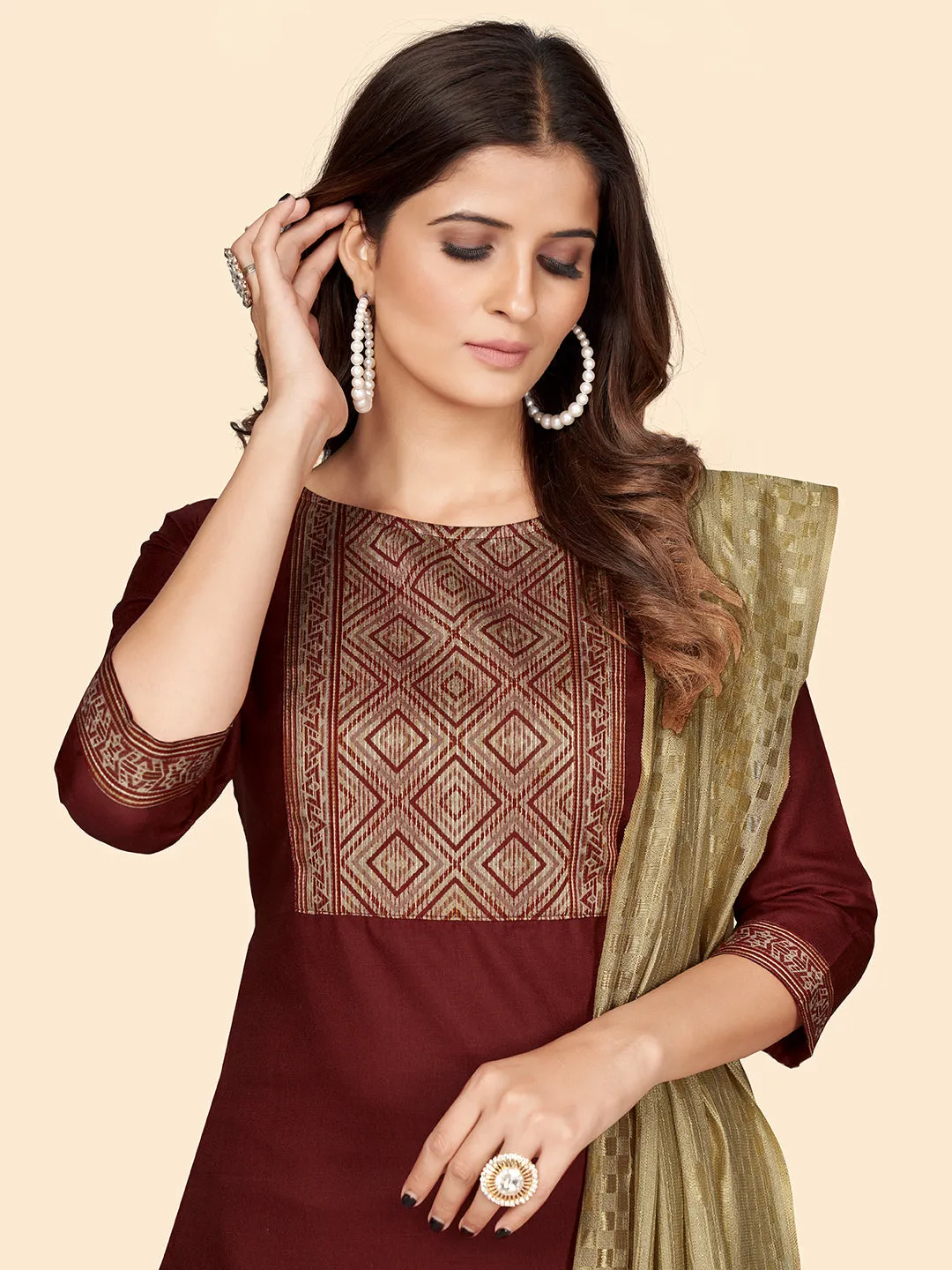 Women'S Printed Straight Cotton Blend Marron Stitched Kurta Palazzo With Dupatta