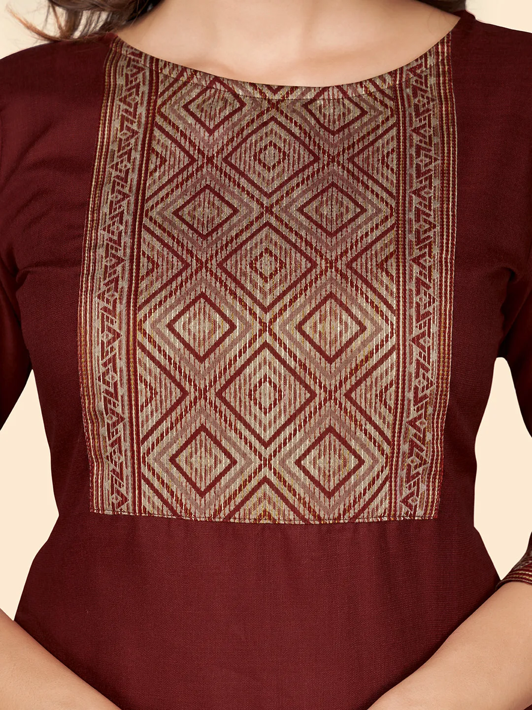 Women'S Printed Straight Cotton Blend Marron Stitched Kurta Palazzo With Dupatta