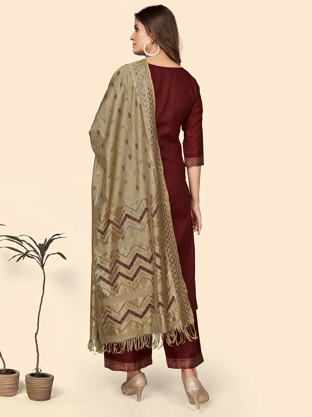 Women'S Printed Straight Cotton Blend Marron Stitched Kurta Palazzo With Dupatta