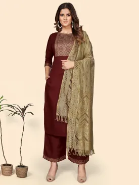 Women'S Printed Straight Cotton Blend Marron Stitched Kurta Palazzo With Dupatta