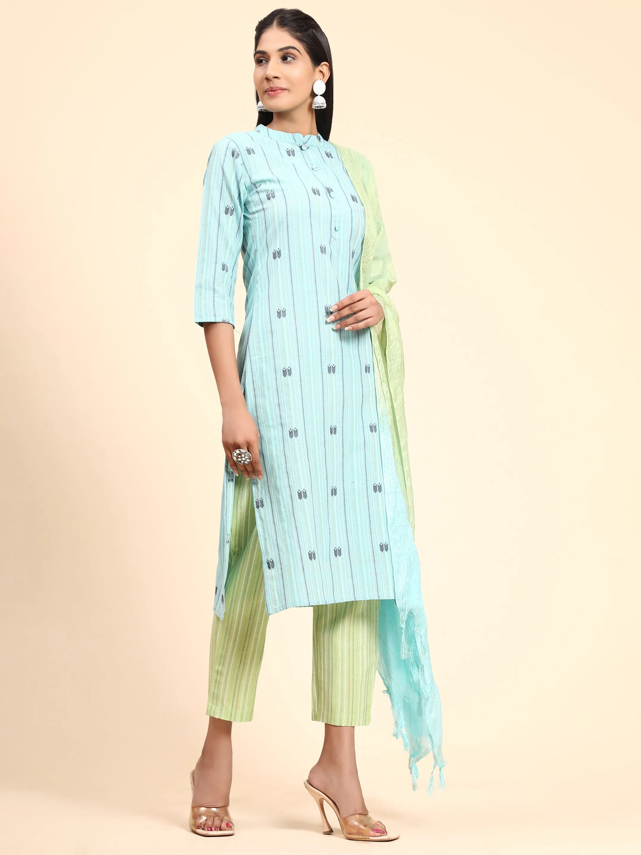 Women'S Printed Straight Cotton Blend Sky Blue Stitched Kurta Pant With Dupatta