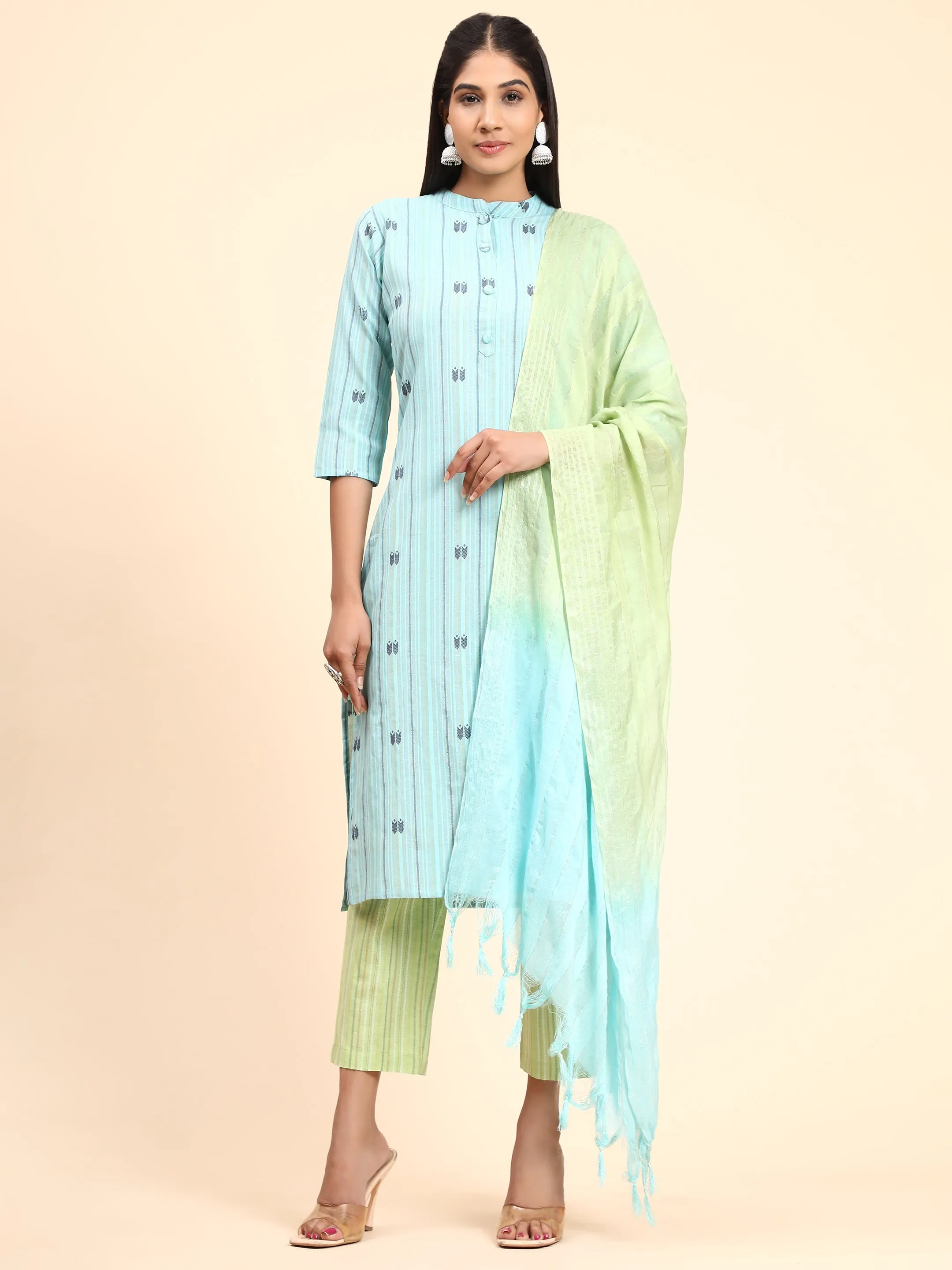 Women'S Printed Straight Cotton Blend Sky Blue Stitched Kurta Pant With Dupatta