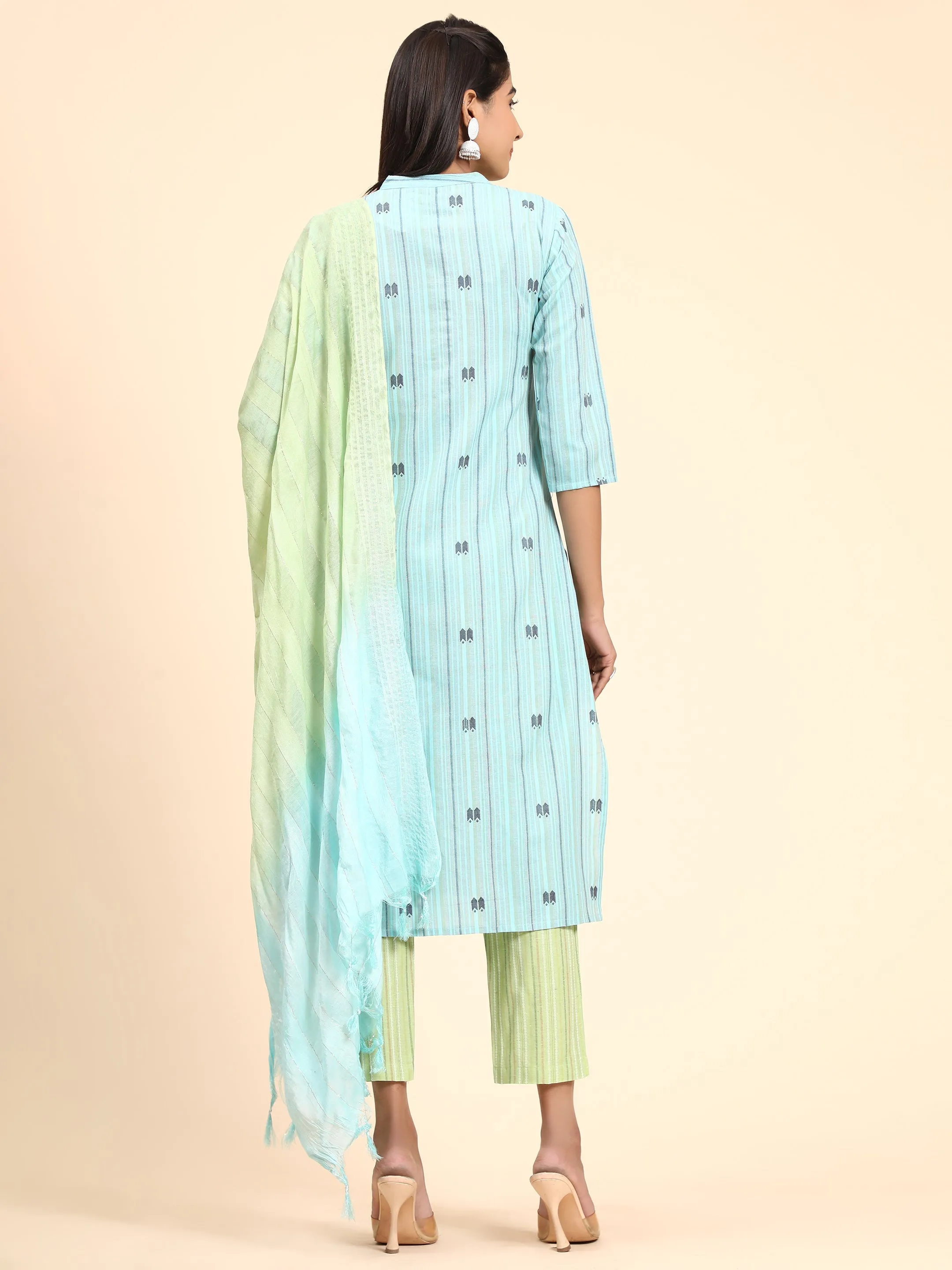 Women'S Printed Straight Cotton Blend Sky Blue Stitched Kurta Pant With Dupatta