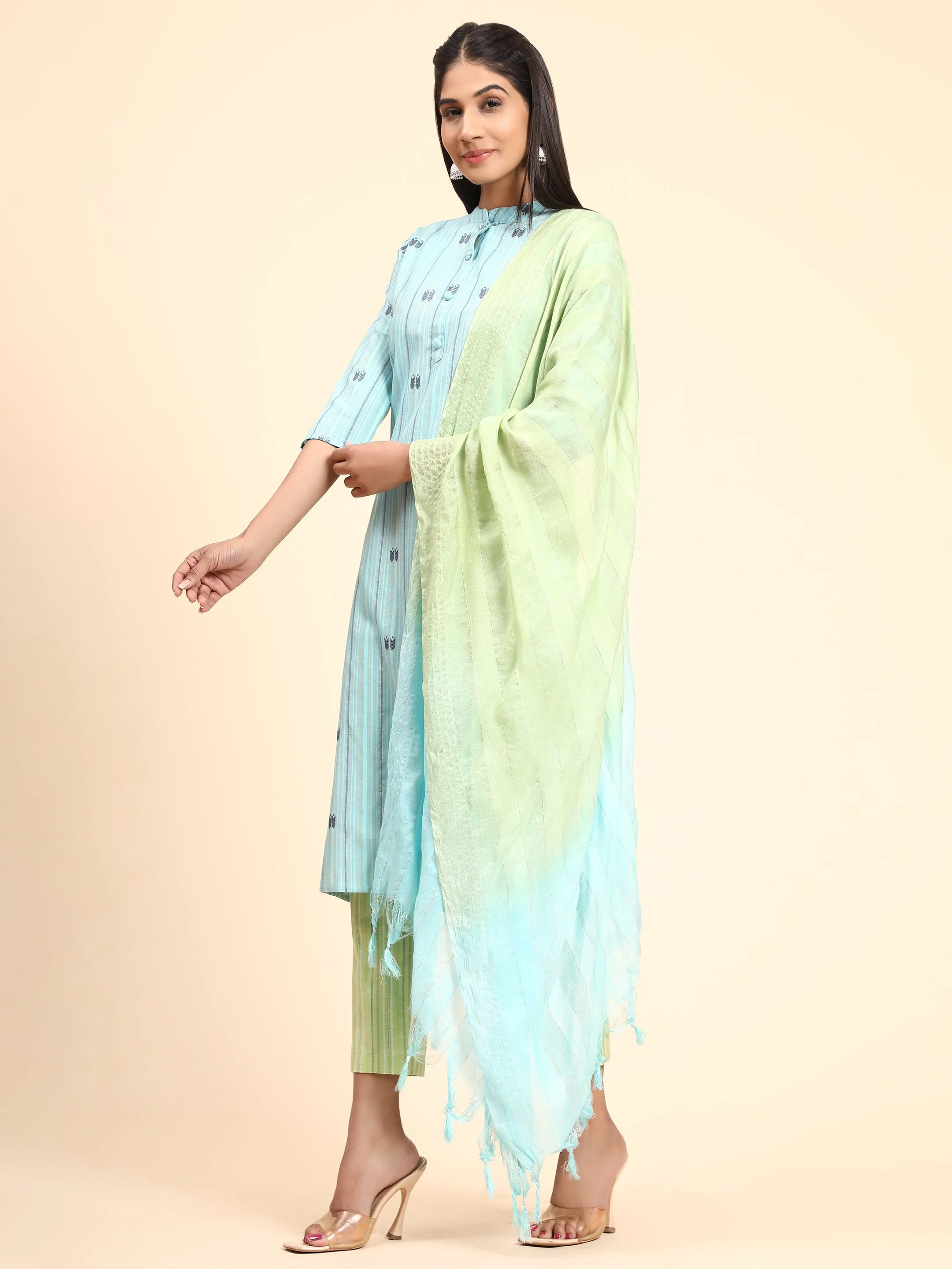 Women'S Printed Straight Cotton Blend Sky Blue Stitched Kurta Pant With Dupatta