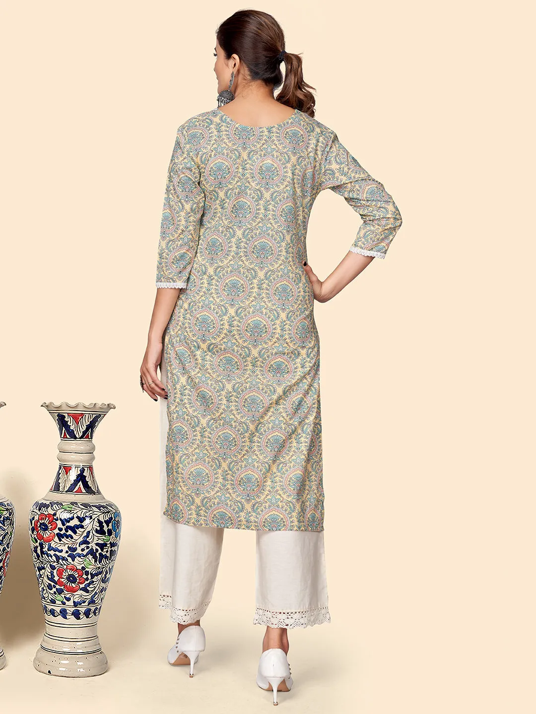 Women'S Printed Straight Cotton Multicolor Stitched Kurta