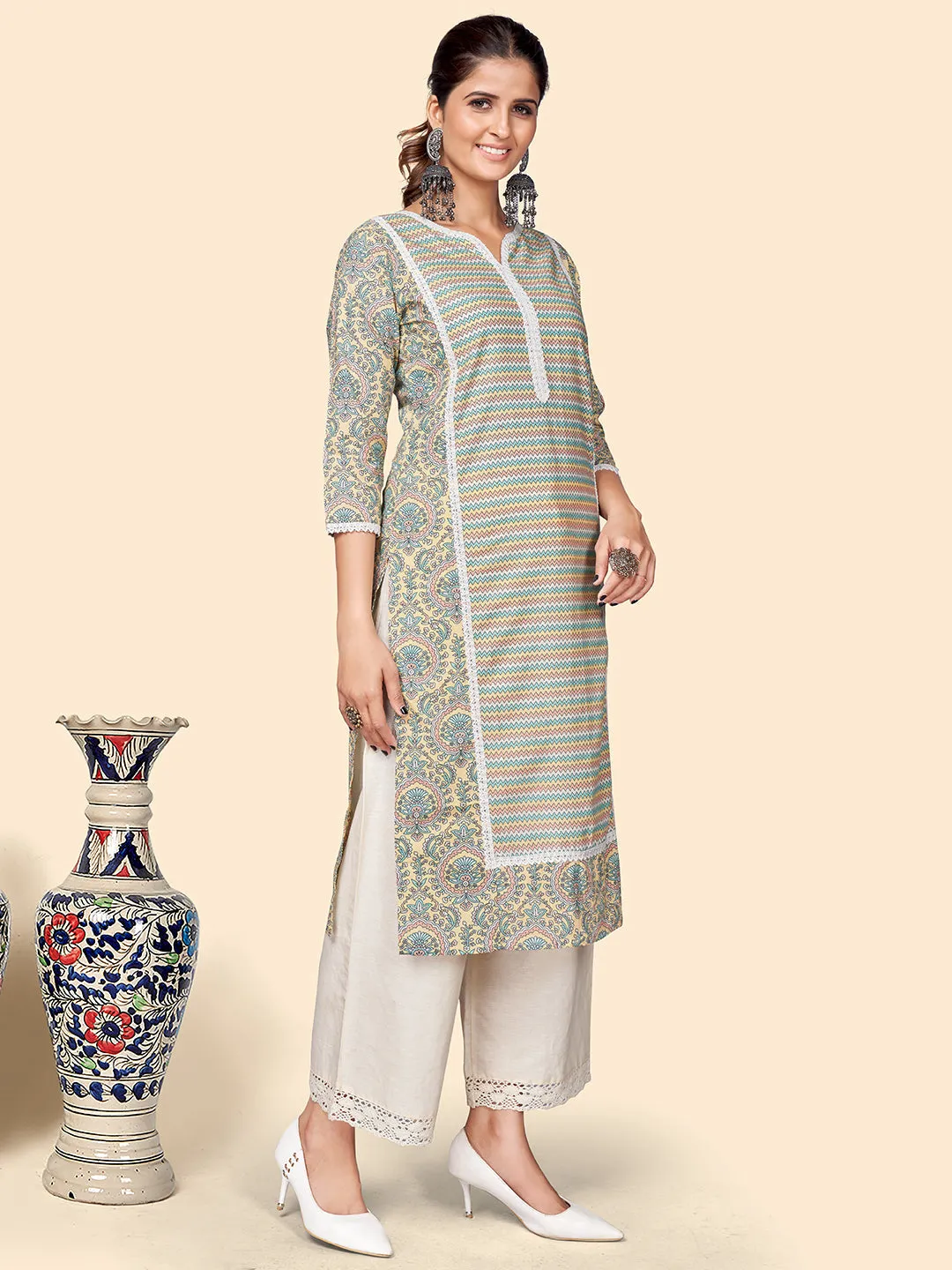 Women'S Printed Straight Cotton Multicolor Stitched Kurta