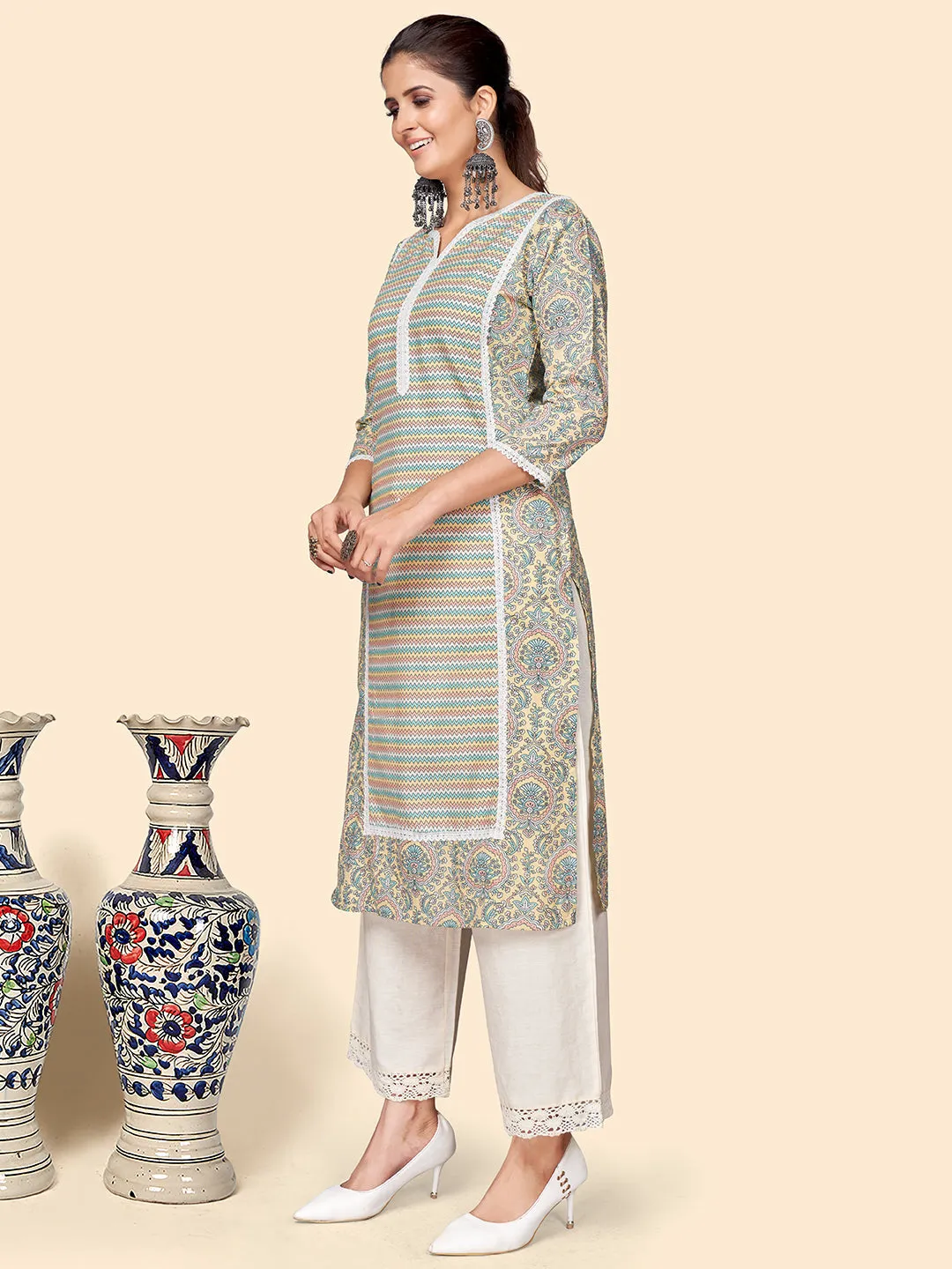 Women'S Printed Straight Cotton Multicolor Stitched Kurta