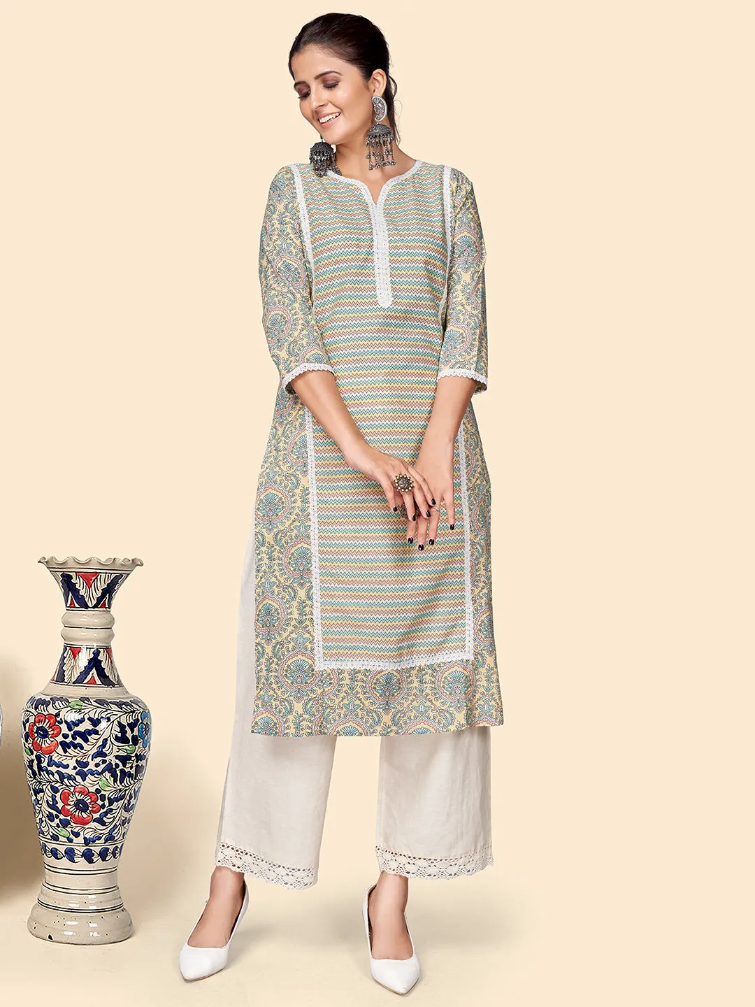 Women'S Printed Straight Cotton Multicolor Stitched Kurta