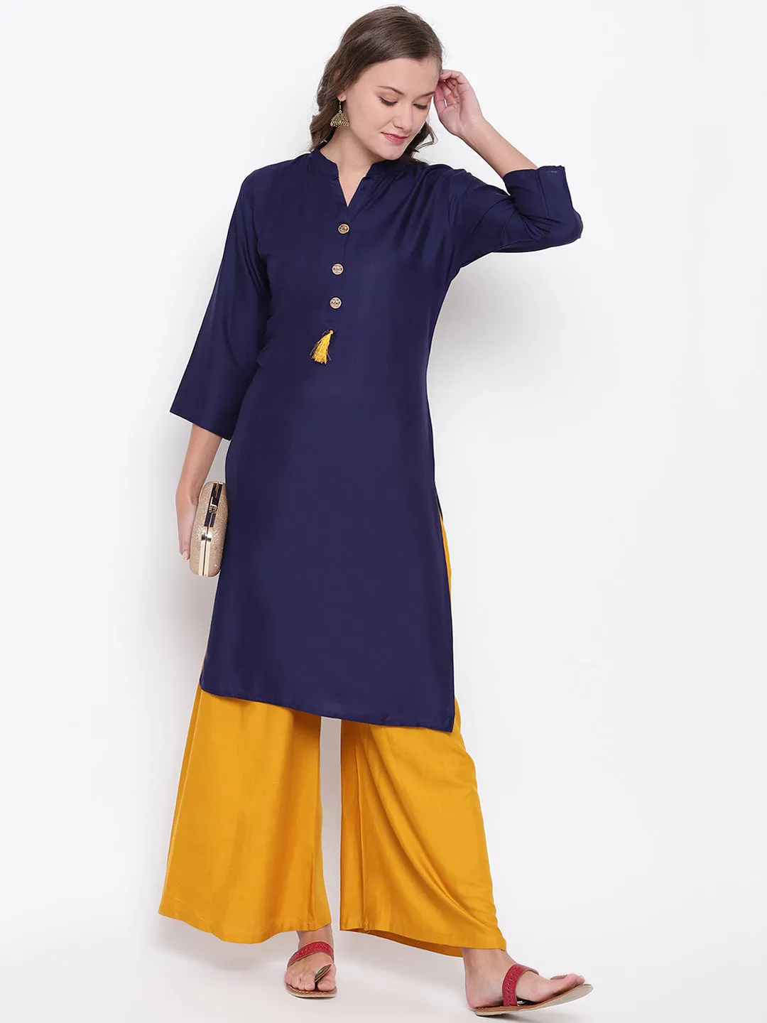 Women'S Solid Straight Rayon Blue Kurti